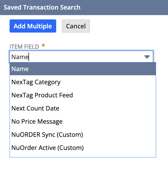 Item Field dropdown showing available subfields like Name