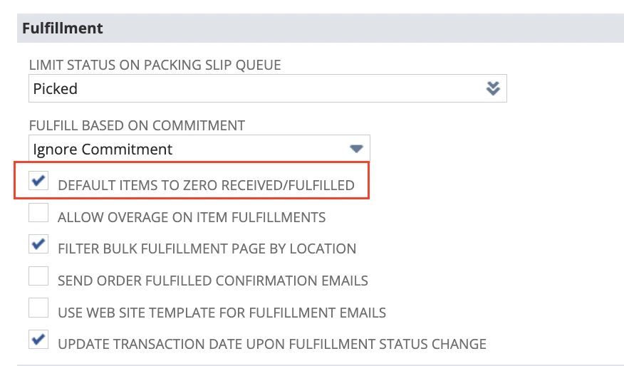 NetSuite fulfillment settings