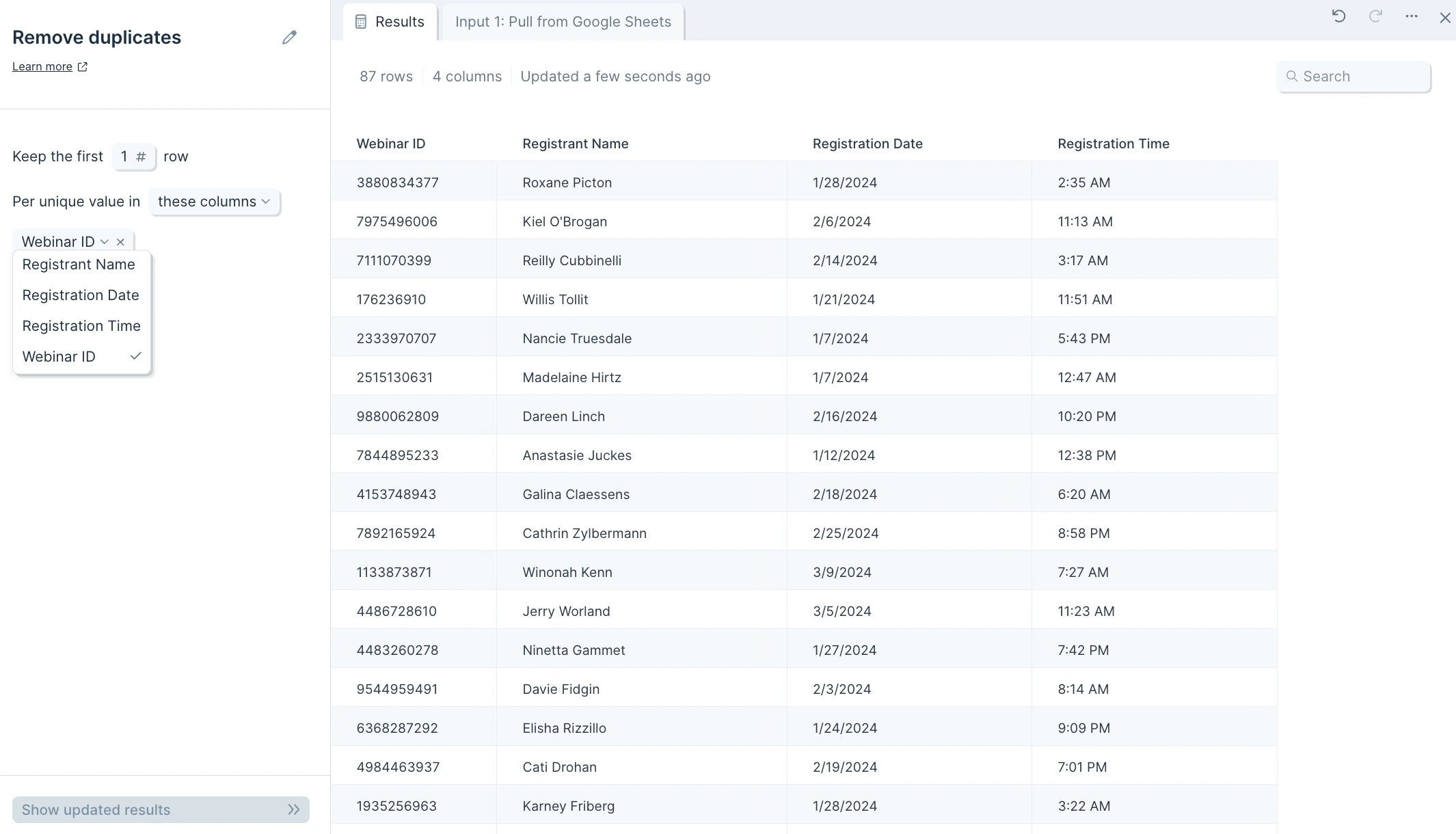 Remove duplicates step settings with the column selector dropdown for choosing the dedup key