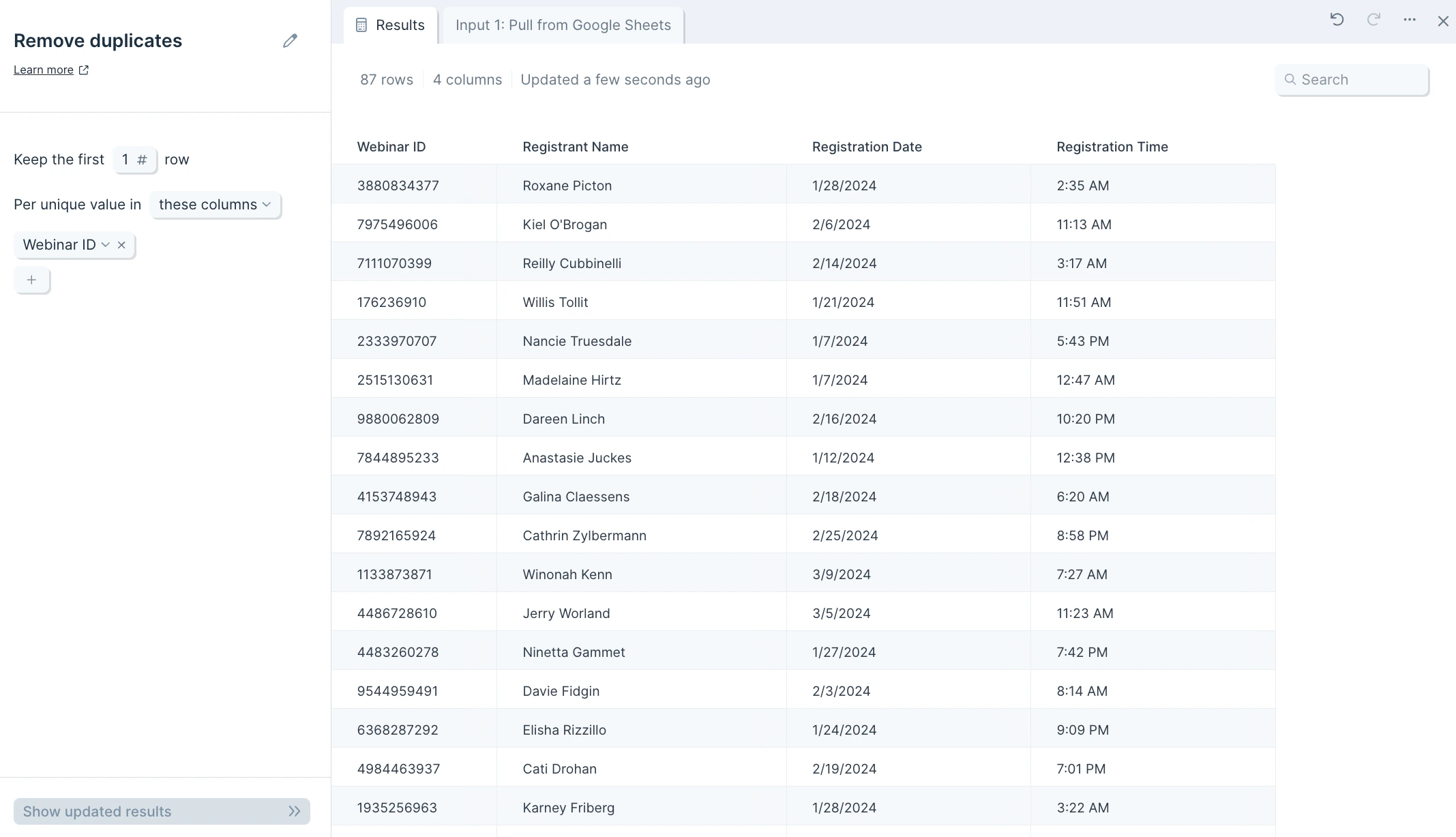 Output table reduced to 87 rows after removing duplicate Webinar IDs