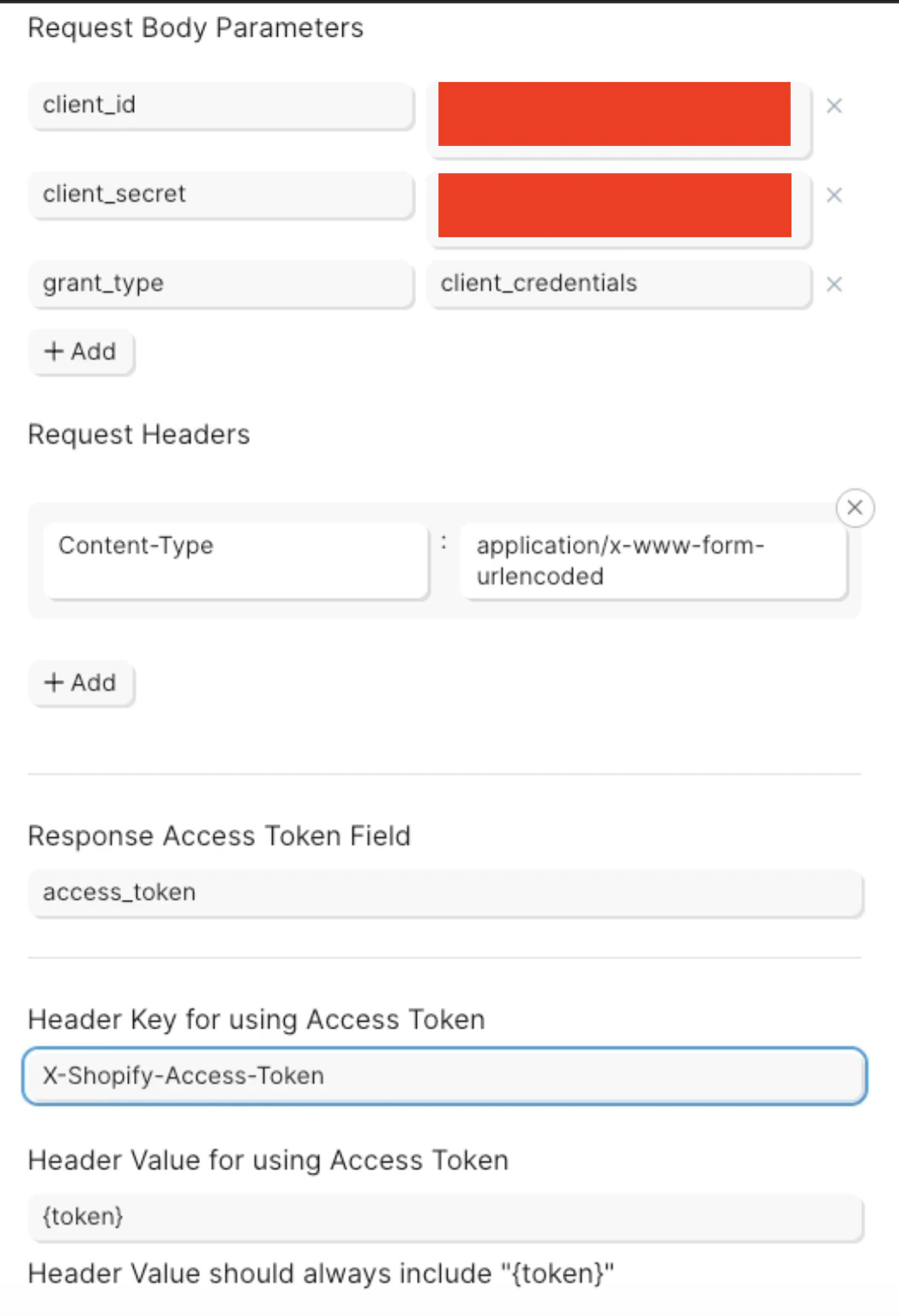 Shopify access token configuration in Parabola showing request body parameters, request headers, and token settings
