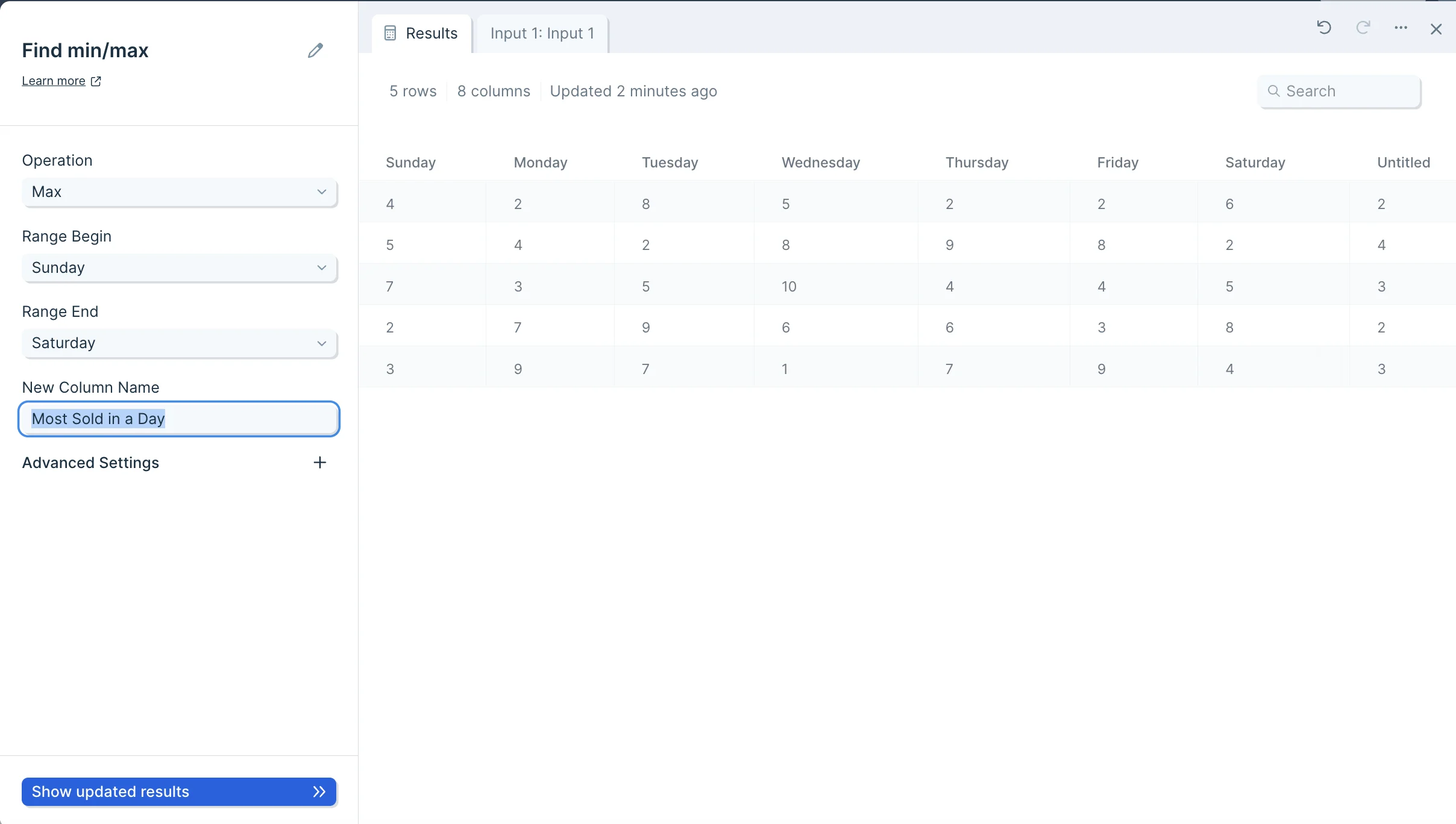 Custom settings panel showing the new column name field and the Show updated results button