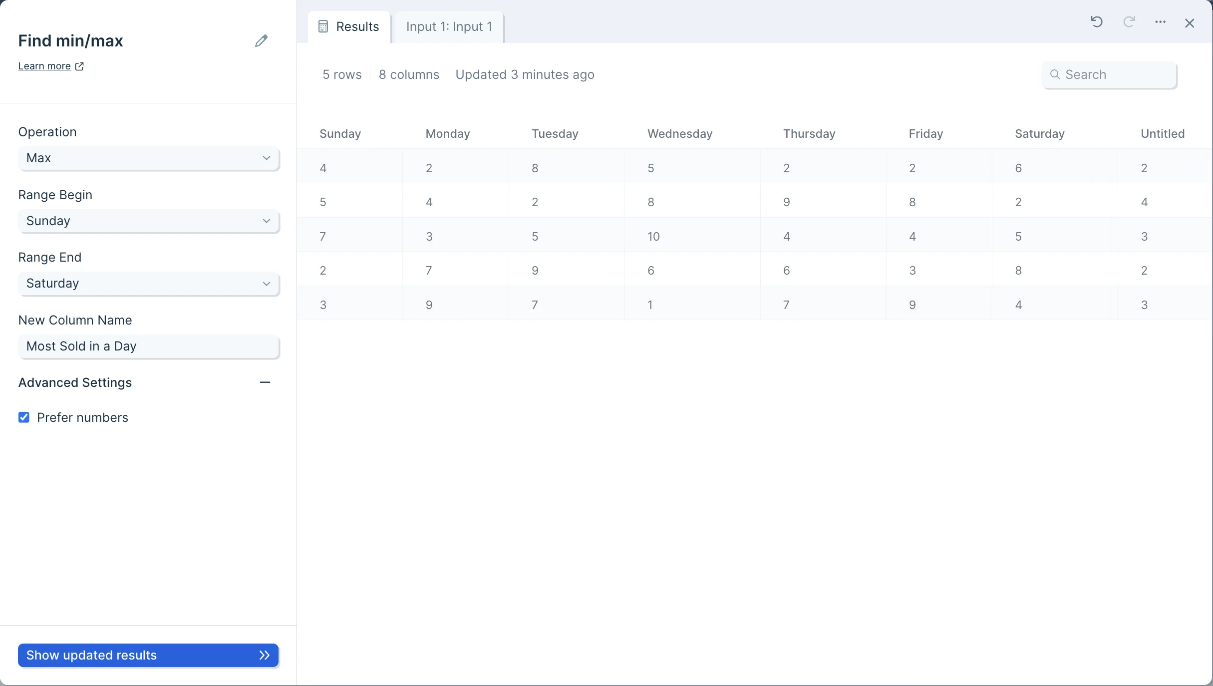 Advanced settings menu showing the 'Prefer numbers' checkbox option toggled on