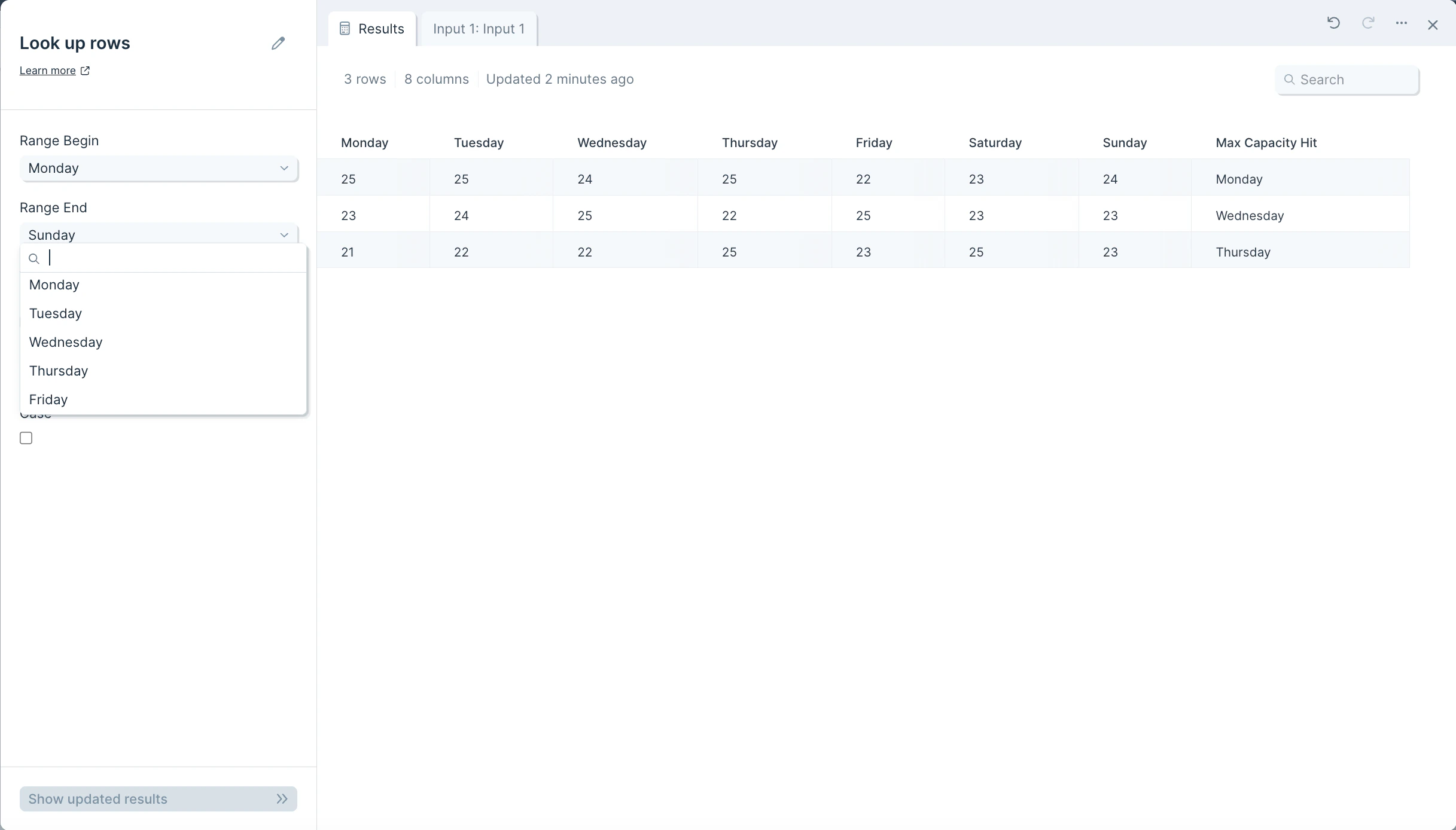 Look up rows settings showing the Range Begin and Range End column dropdowns