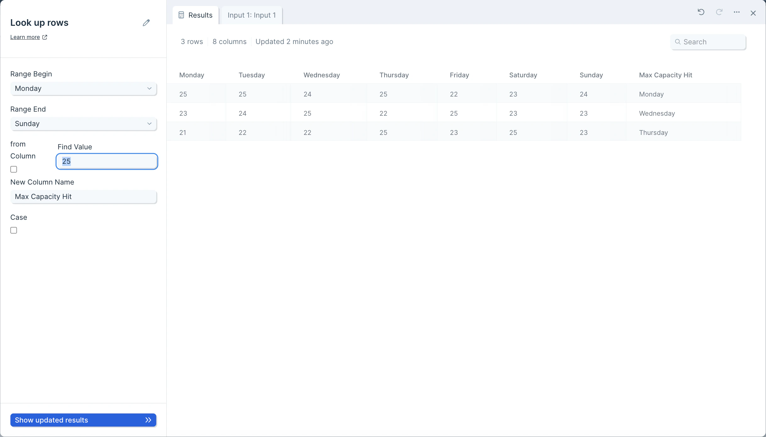 Find Value field configured to look for a value contained in a specific column from the range
