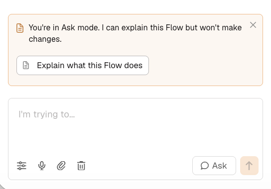 The chat composer in Ask mode, with the mode button reading Ask