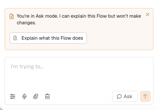 The chat composer in Ask mode, with the mode button reading Ask