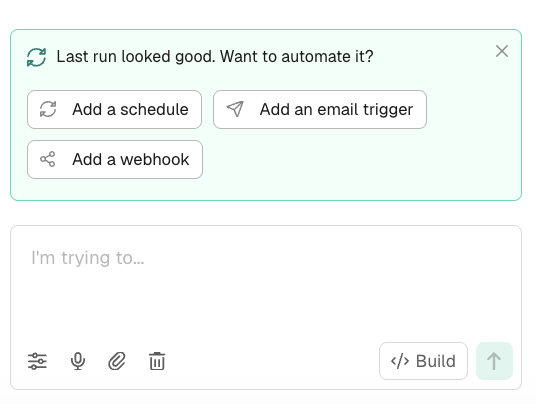 The chat composer in Build mode, with the mode button reading Build