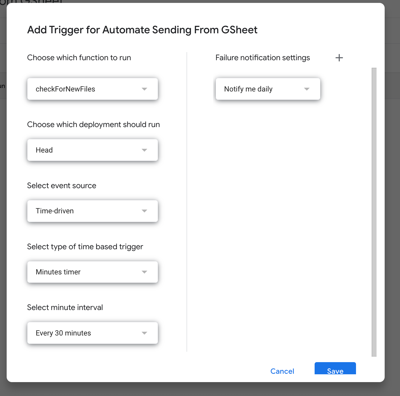 Apps Script trigger settings