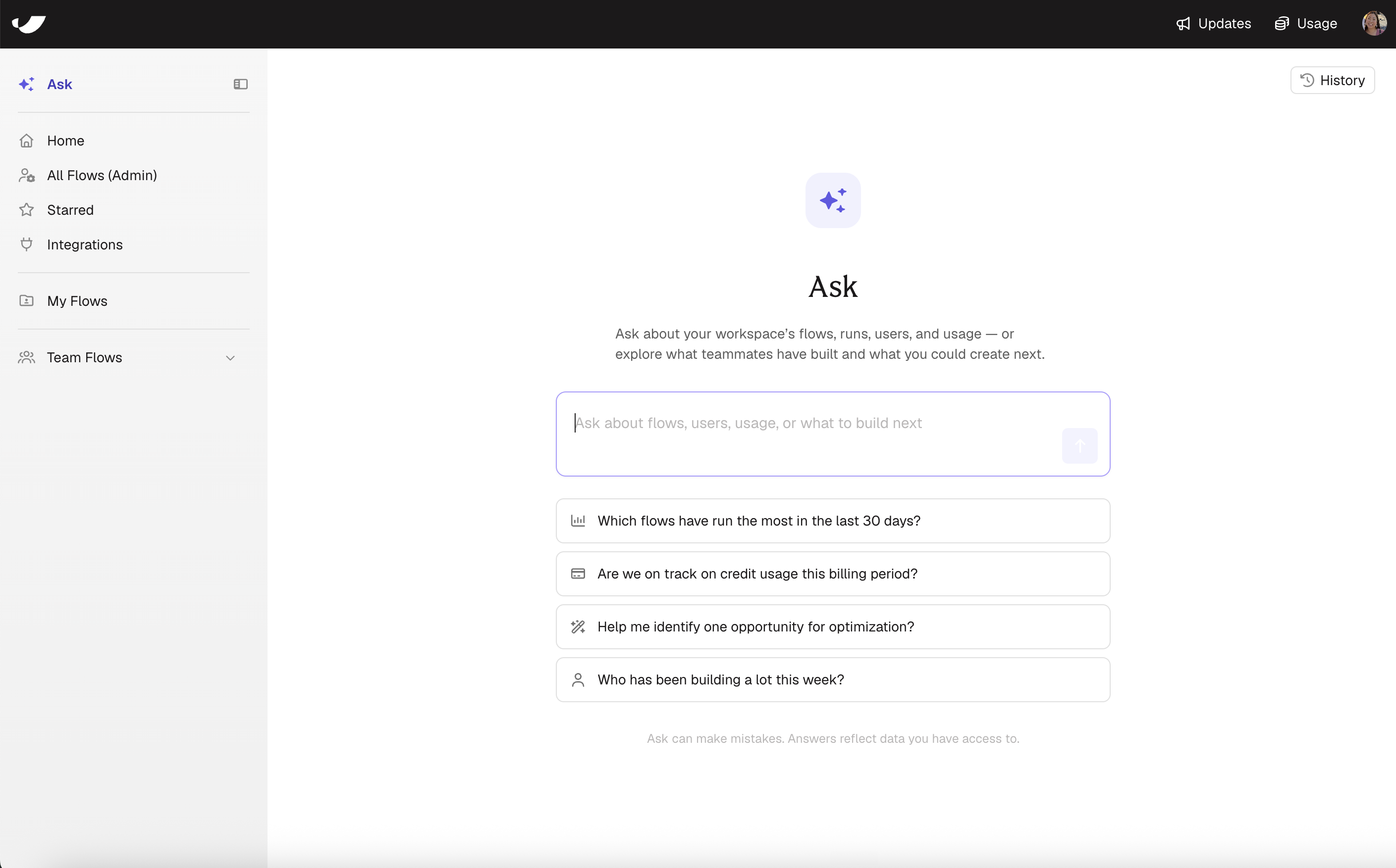 The Ask home screen in Prowork, with a question box and suggested starter questions