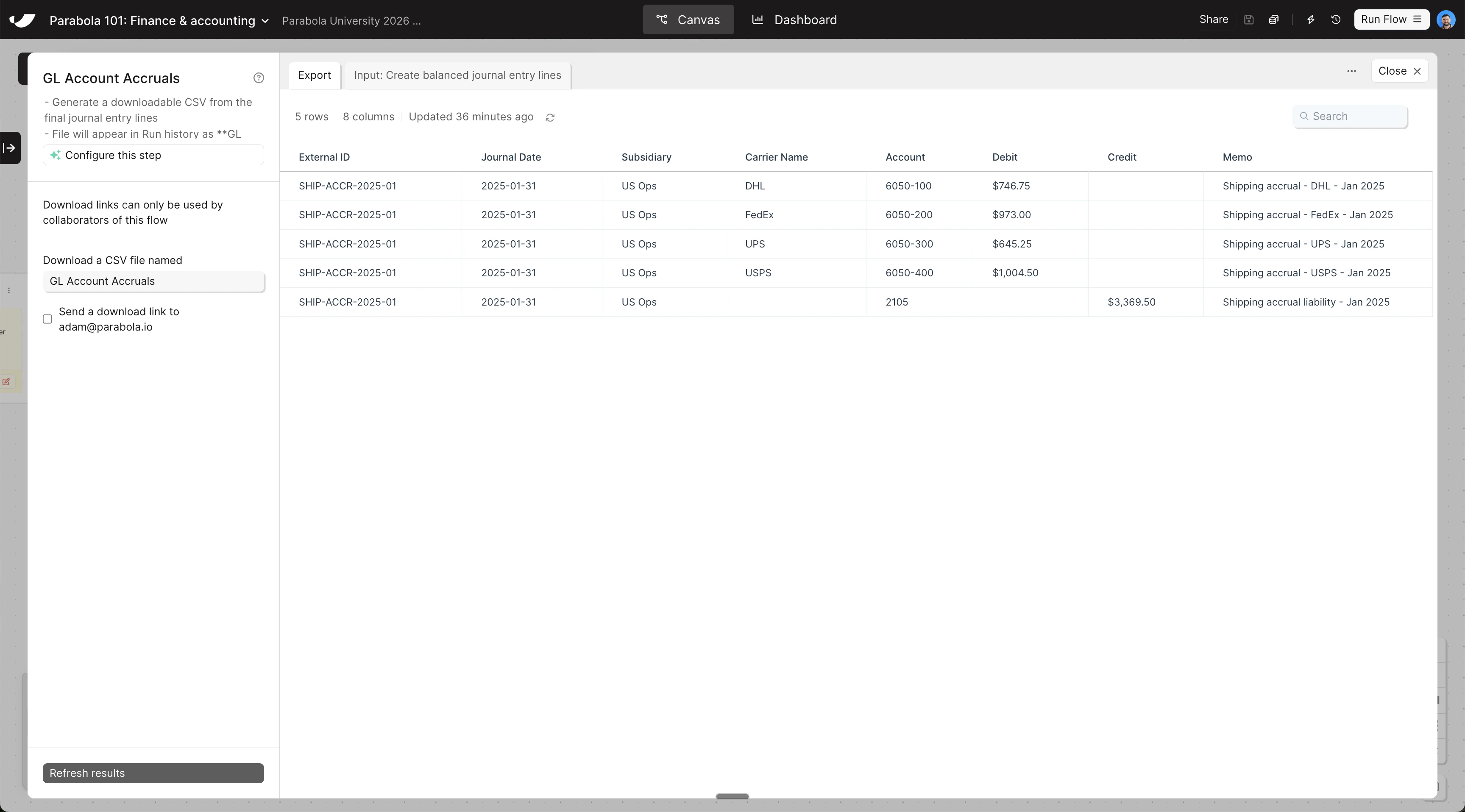 CSV export step
