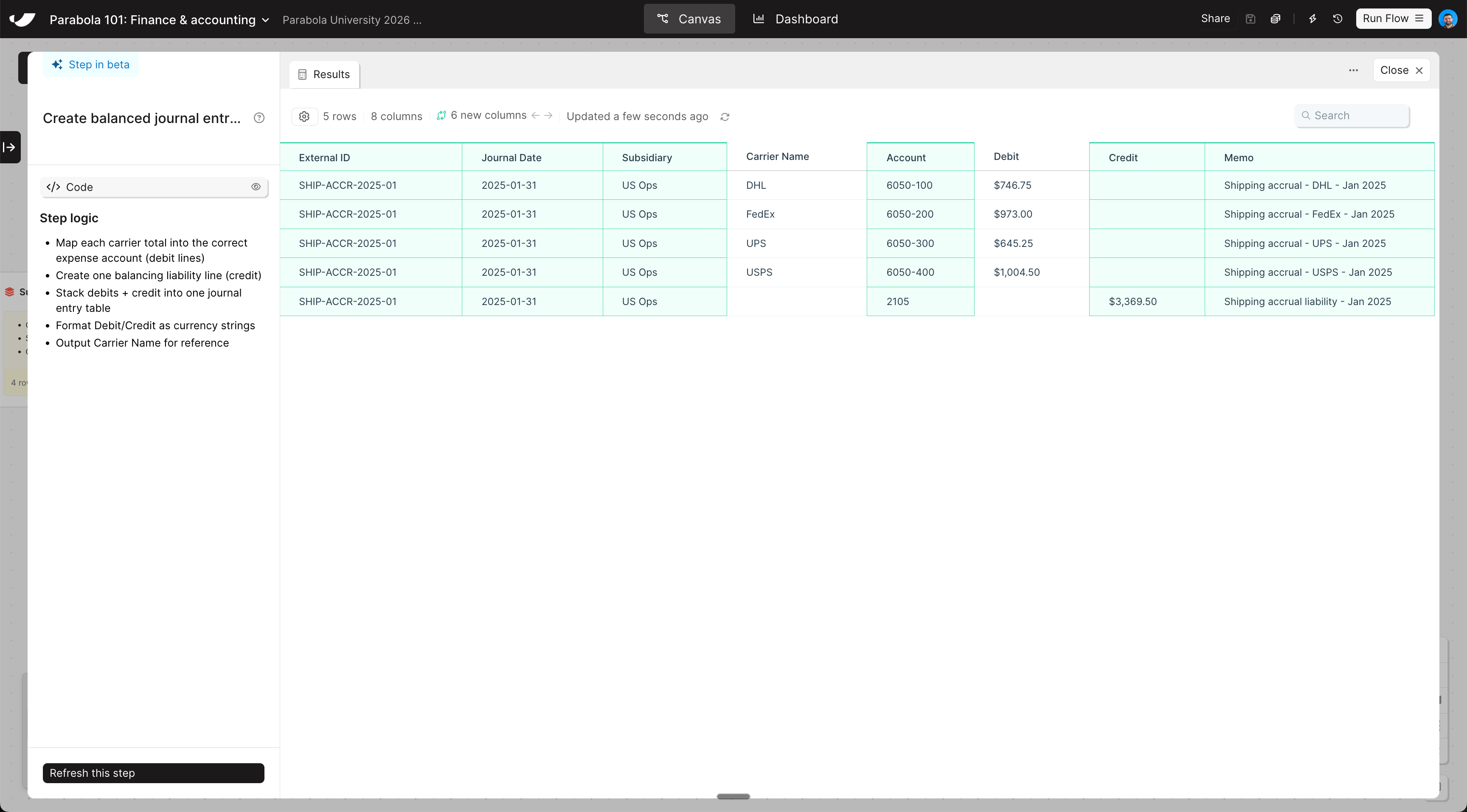 Transform data step results