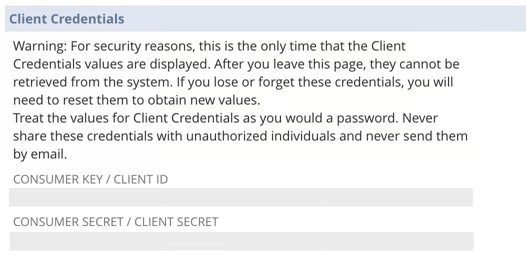 NetSuite Client Credentials shown once after saving the integration record