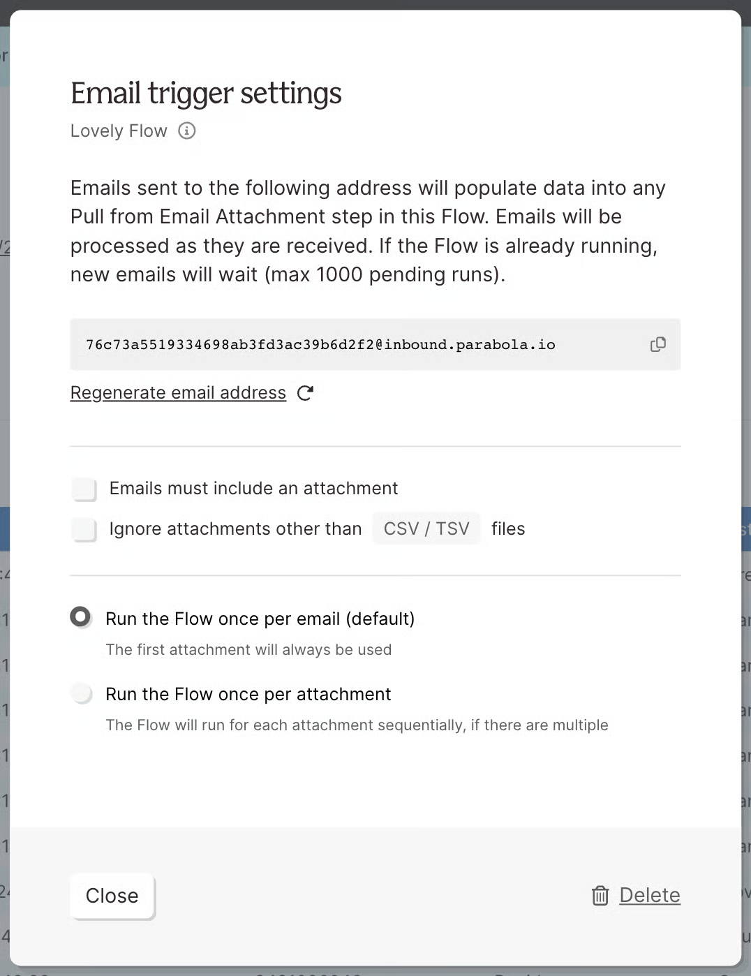 The Email trigger settings dialog with the flow's inbound address, attachment requirements, and a choice between running once per email or once per attachment