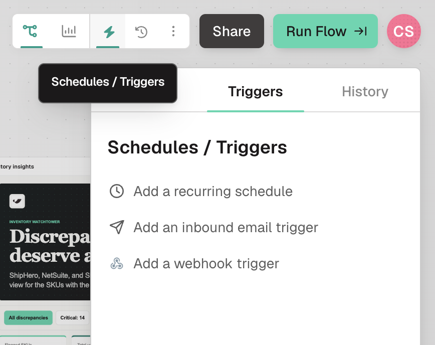 The Schedules / Triggers panel offering Add a recurring schedule, Add an inbound email trigger, and Add a webhook trigger