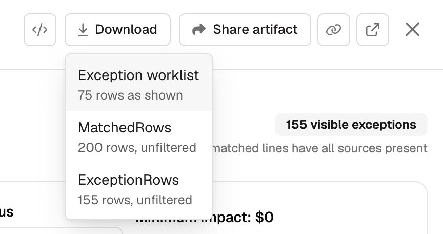 The Download menu open on an Artifact, offering the current view as shown alongside the underlying tables unfiltered