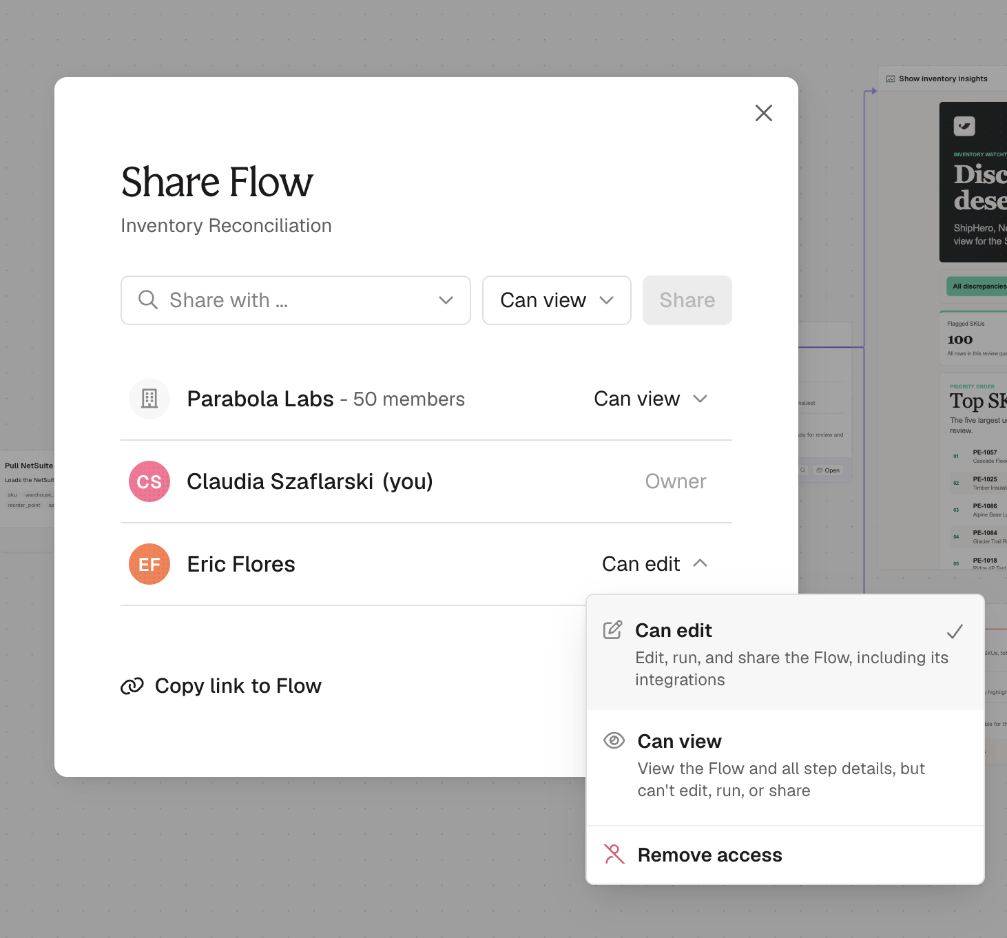 A shared teammate's permission menu open, describing Can edit as edit, run, and share including integrations, Can view as view the flow and step details without editing, running, or sharing, plus Remove access