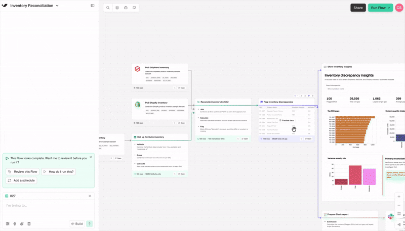An opened step's results table, with the step pinned into the chat context below