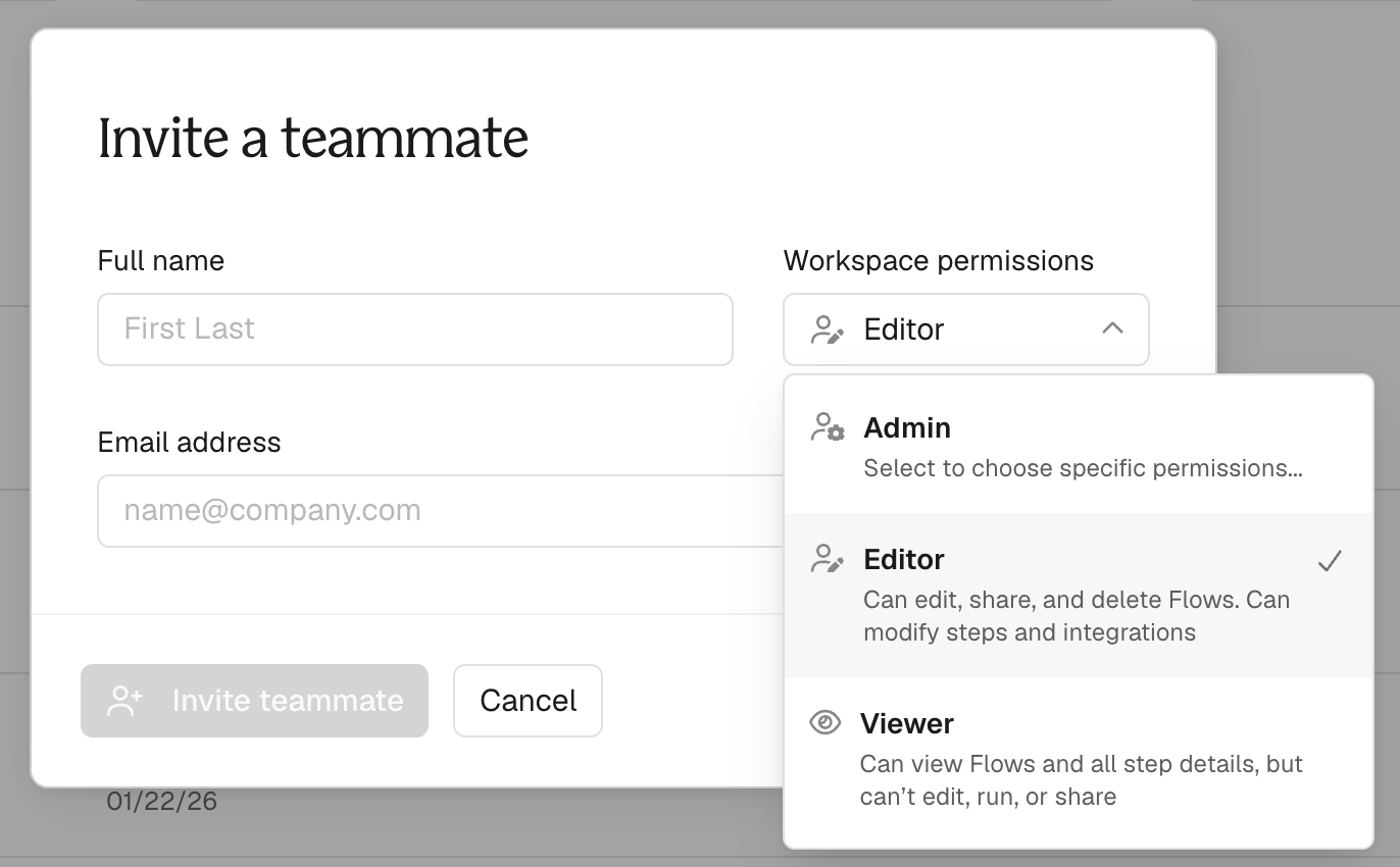 The Invite a teammate window with Full name and Email address fields and a Workspace permissions dropdown open on Admin, Editor, and Viewer