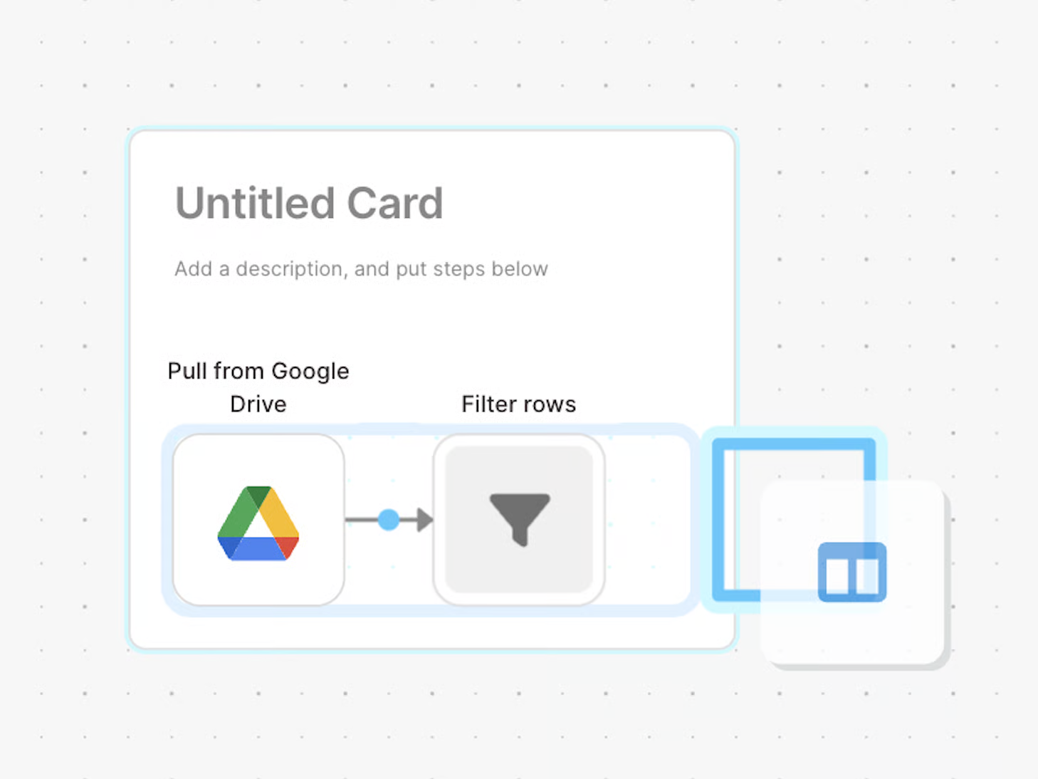 A card that has grown to hold two connected steps, with a marker showing room for a third