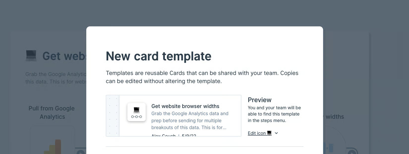 The New card template dialog, explaining that templates are reusable cards shareable with your team, with a preview of how the template will appear