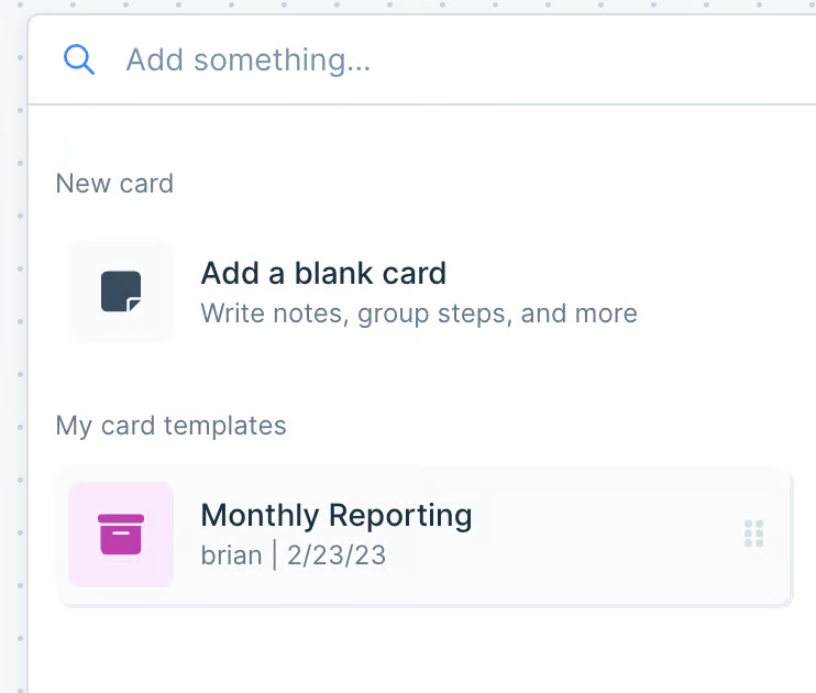 The Cards panel listing Add a blank card under New card, and saved templates under My card templates