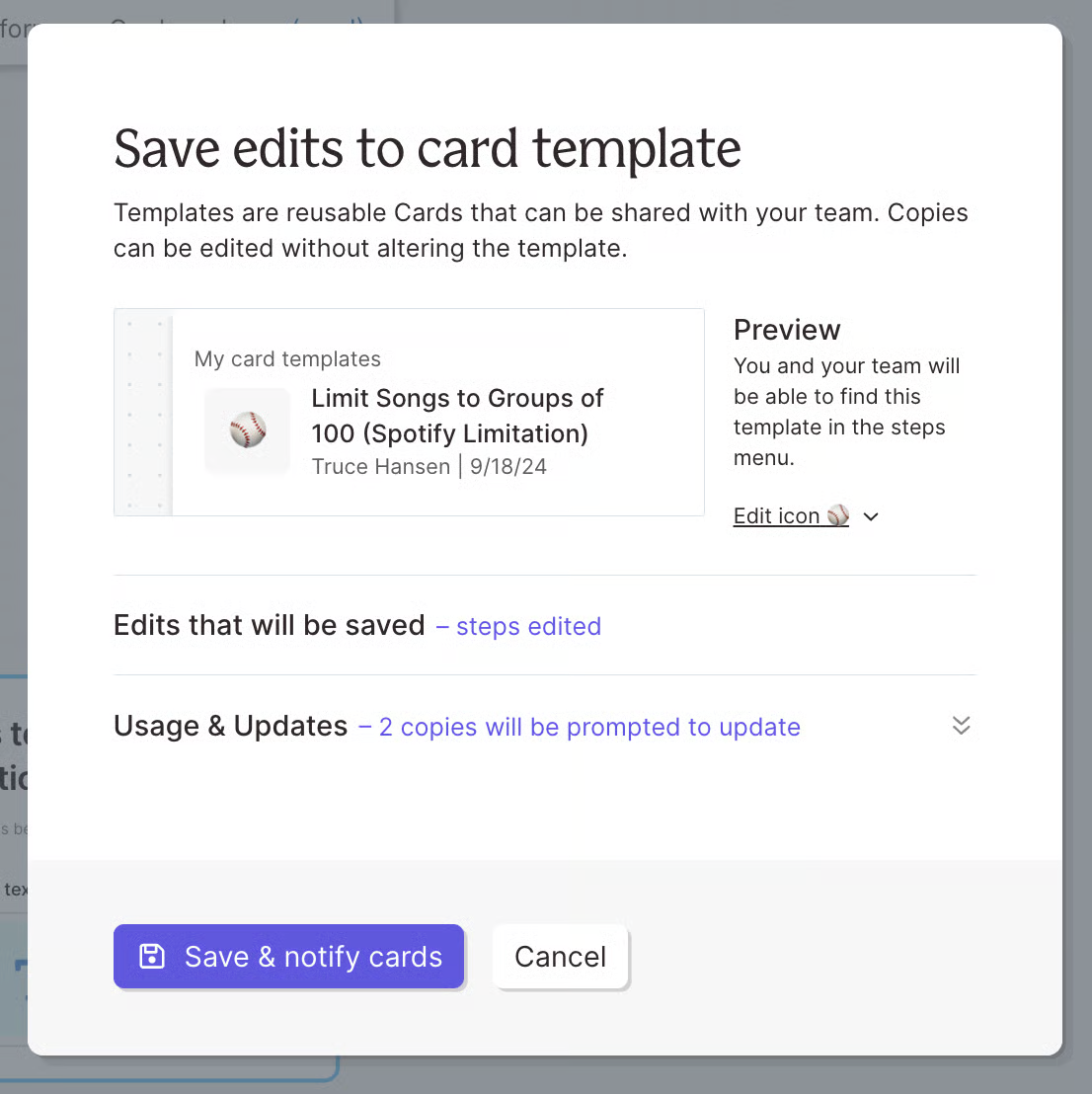 The Save edits to card template dialog, listing the edits that will be saved and how many copies will be prompted to update