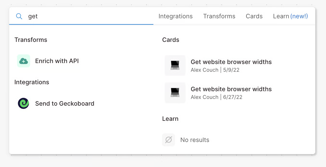 Builder toolbar search results with a Cards column listing saved card templates alongside transforms and integrations