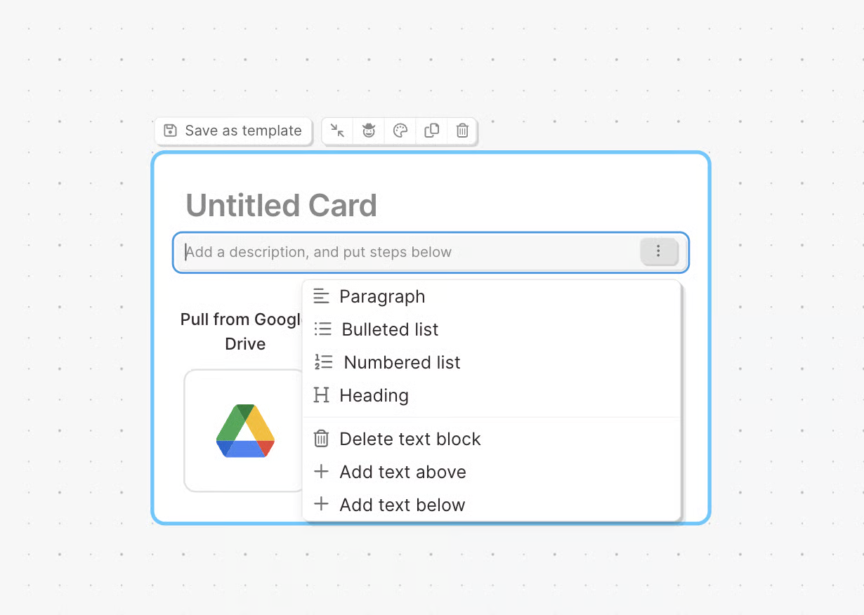 The text block menu open inside a card, offering paragraph, bulleted list, numbered list, heading, delete text block, add text above, and add text below