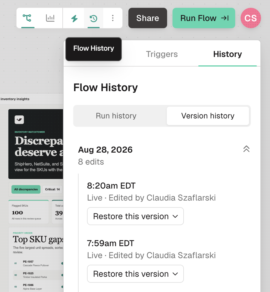 The Flow History panel on its Version history tab, listing a day's edits with a timestamp, whether each was live or draft, who made it, and a Restore this version control