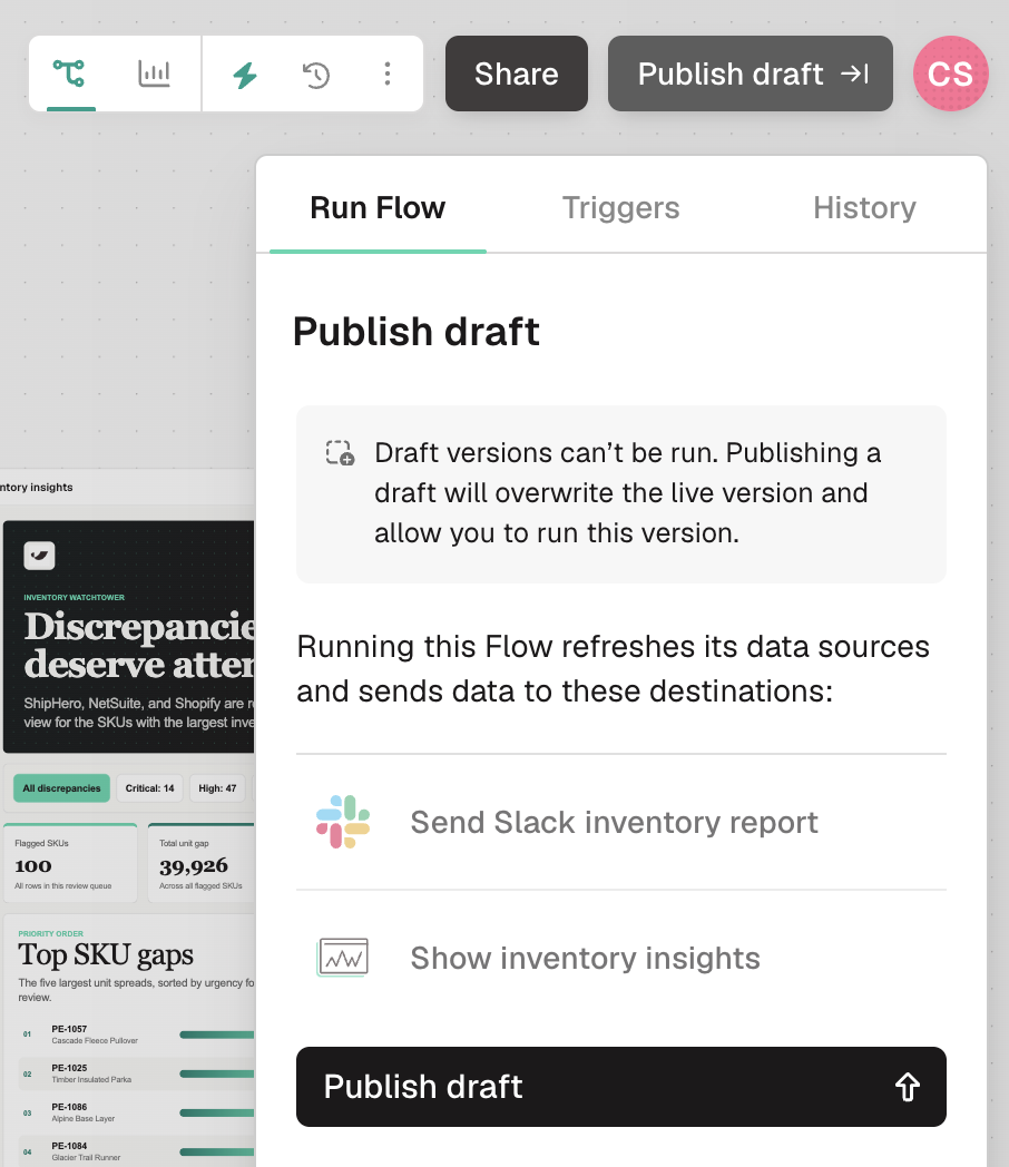 The Publish draft panel, noting that draft versions can't be run and that publishing will overwrite the live version, above the flow's destinations and a Publish draft button