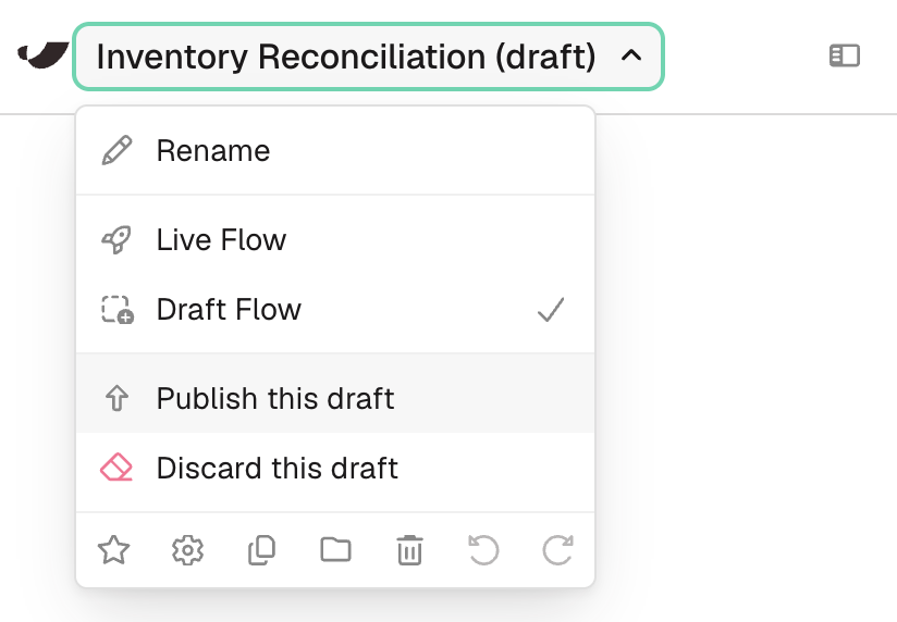 The dropdown on a flow marked (draft), offering Publish this draft and Discard this draft