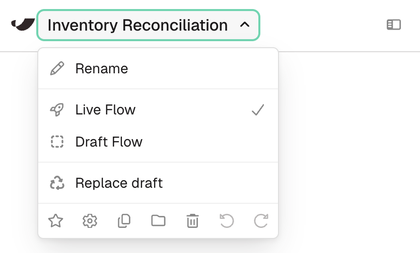 The flow name dropdown showing Live Flow checked, with Draft Flow and Replace draft below it