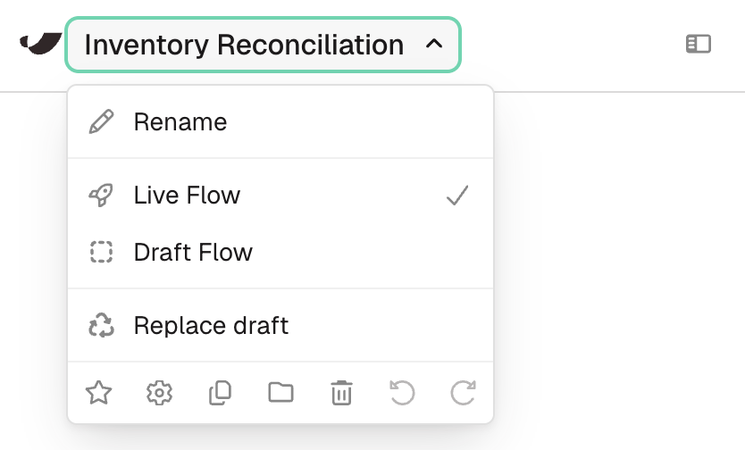 The flow name dropdown showing Live Flow checked, with Draft Flow and Replace draft below it