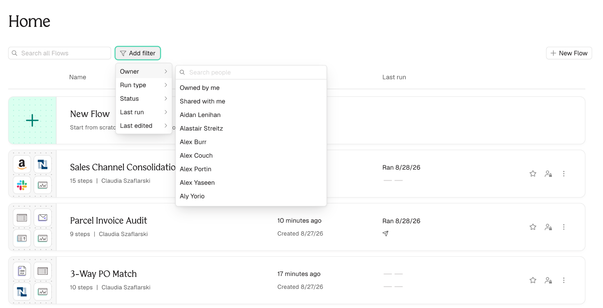 The Add filter menu open with Owner, Run type, Status, Last run, and Last edited categories, and the Owner submenu listing Owned by me, Shared with me, and teammates