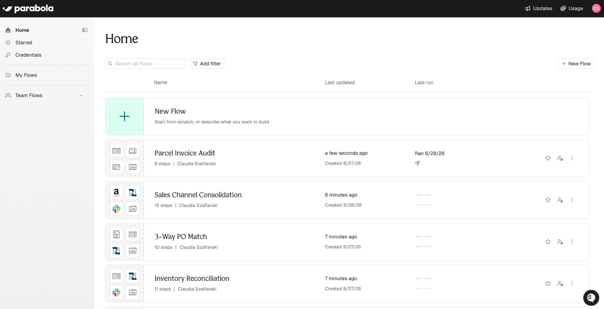 The Home view of the Flows page, with Home, Starred, Credentials, My Flows, and Team Flows in the left navigation and a list of recent flows