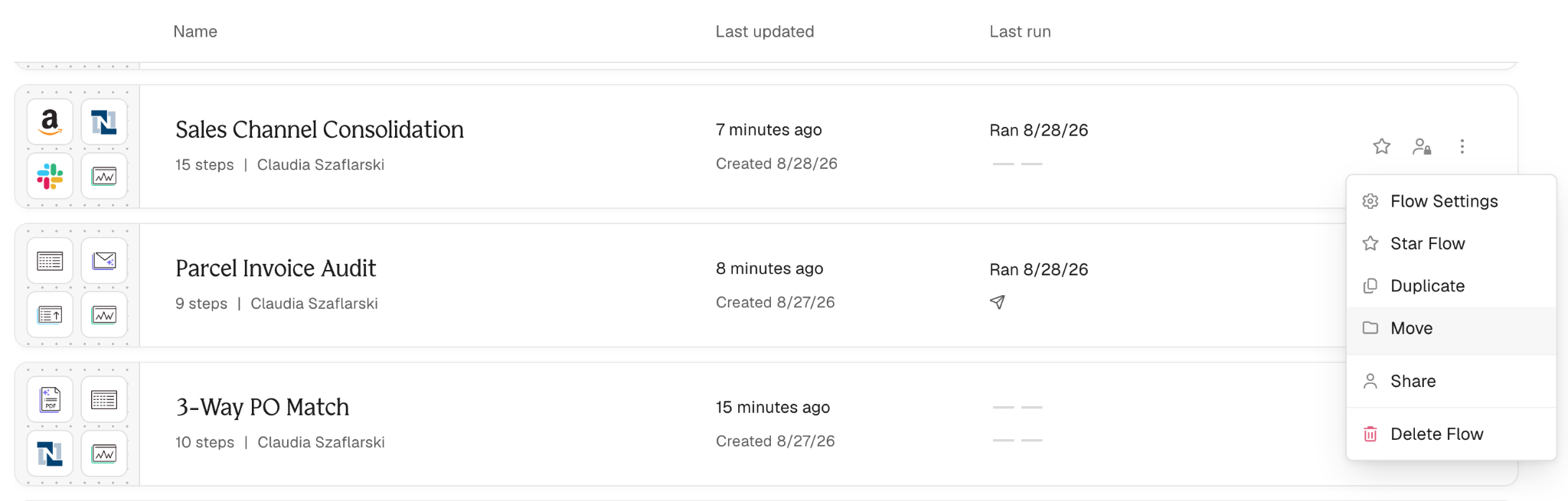 A flow row's overflow menu open, listing Flow Settings, Star Flow, Duplicate, Move, Share, and Delete Flow