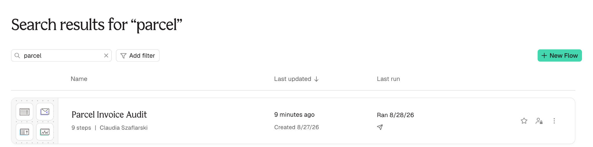 Search results for "parcel", with the search term in the box and the one matching flow listed below