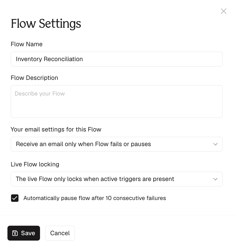 The Flow Settings dialog with Flow Name and Flow Description fields, email settings, live flow locking, and auto-pause after consecutive failures