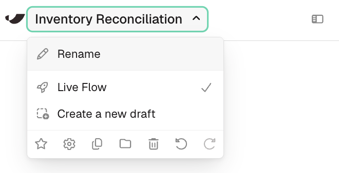 The flow title dropdown open in the header bar, with Rename at the top
