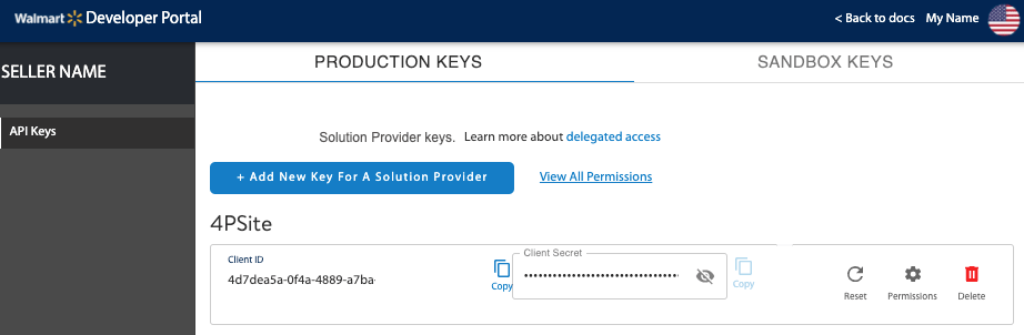 Add New Key For A Solution Provider button on Walmart developer portal