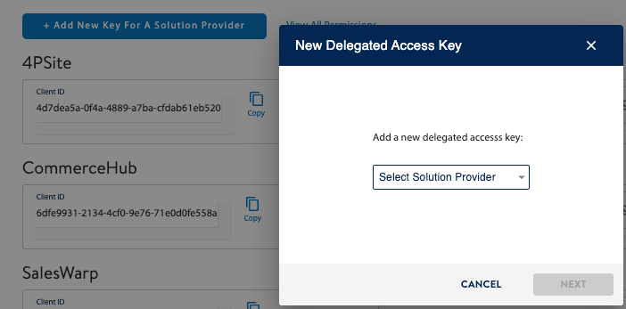 Solution Provider drop-down on the Walmart developer portal