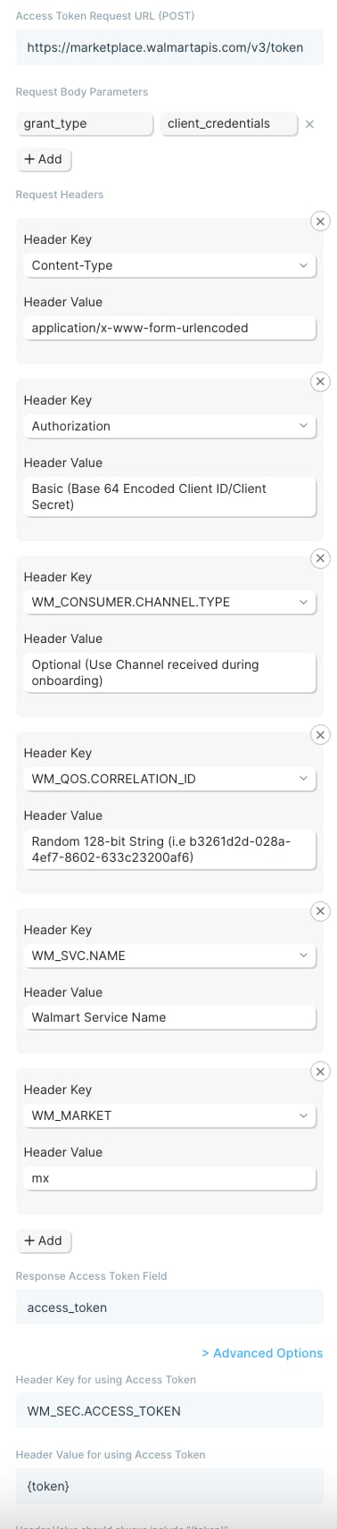 Expiring Access Token authorization configured for Walmart Marketplace