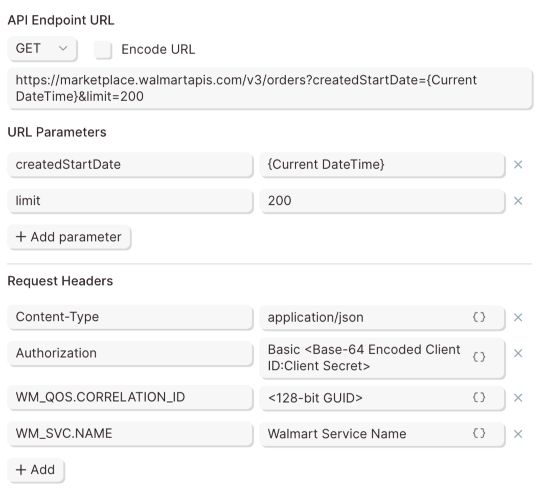Pull orders from Walmart step results showing API response data