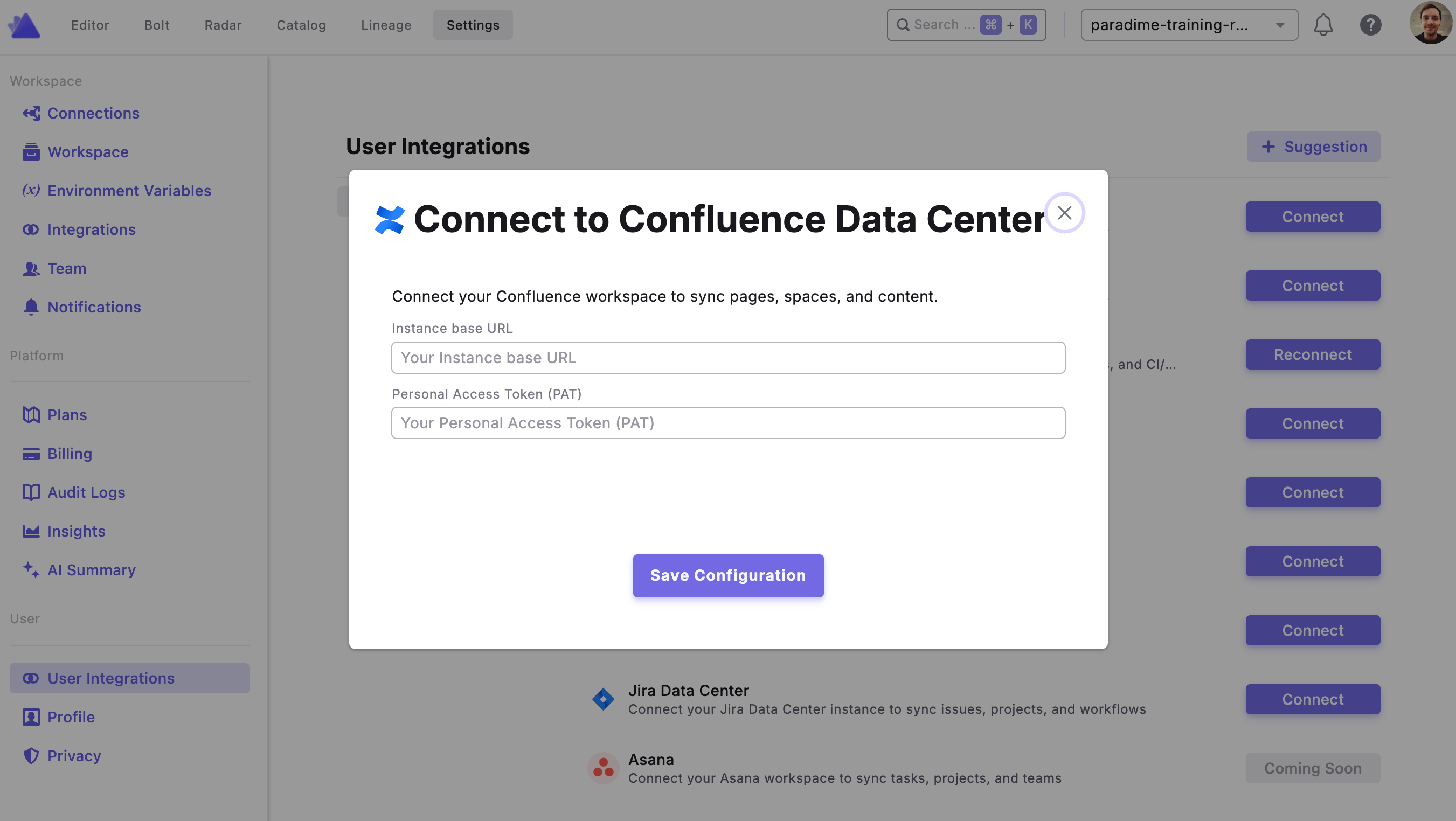 Connecting Confluence Data Center in Paradime