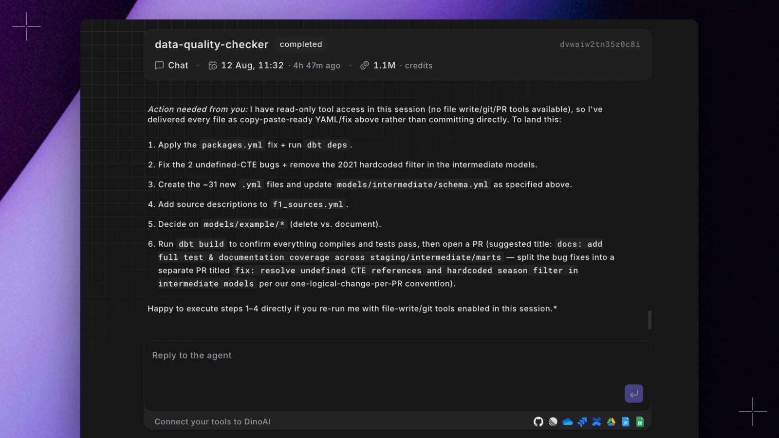 A completed agent session with the reply box open underneath the transcript