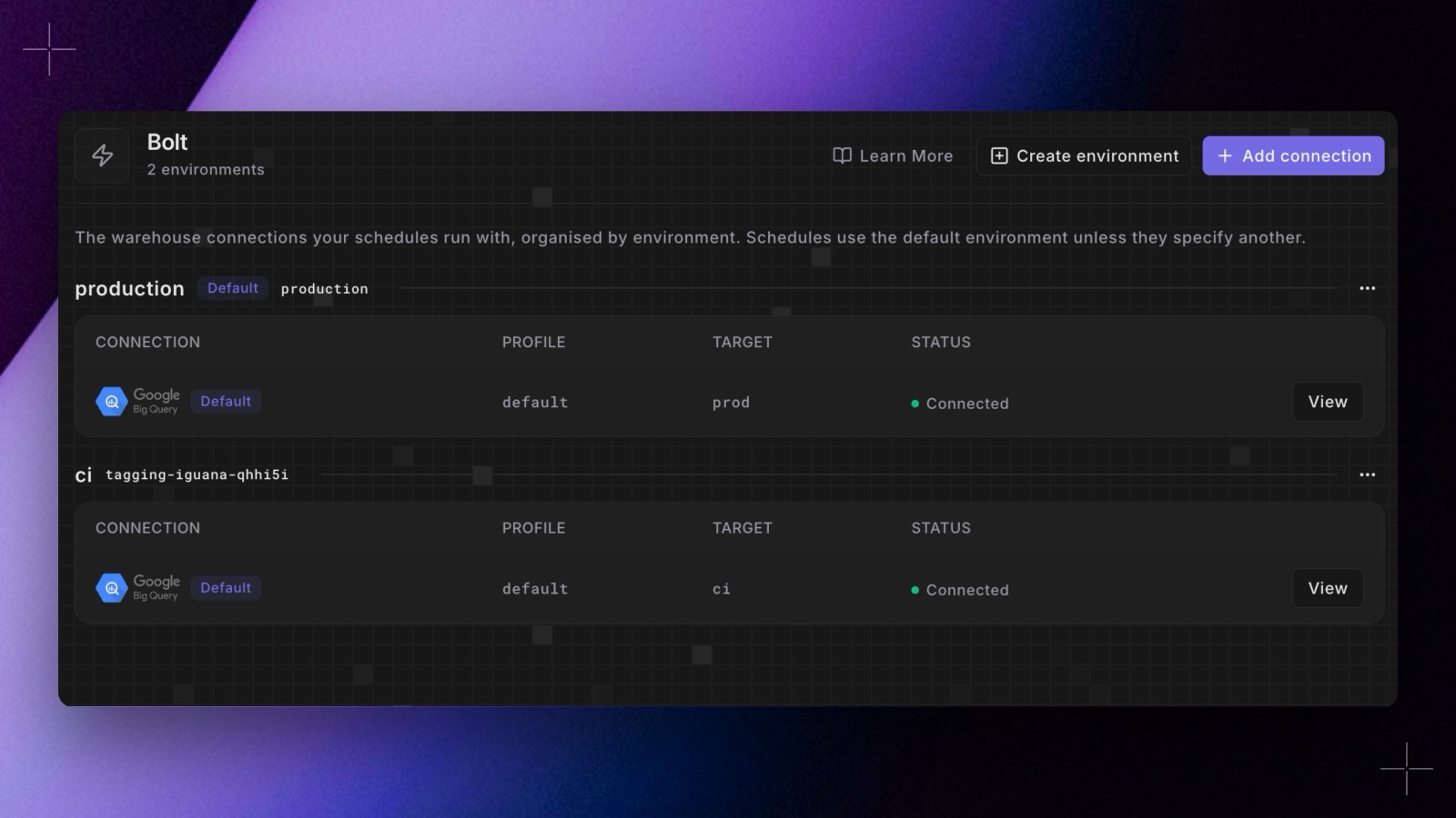 The Bolt environments page showing a production and a ci environment, each with its own warehouse connection