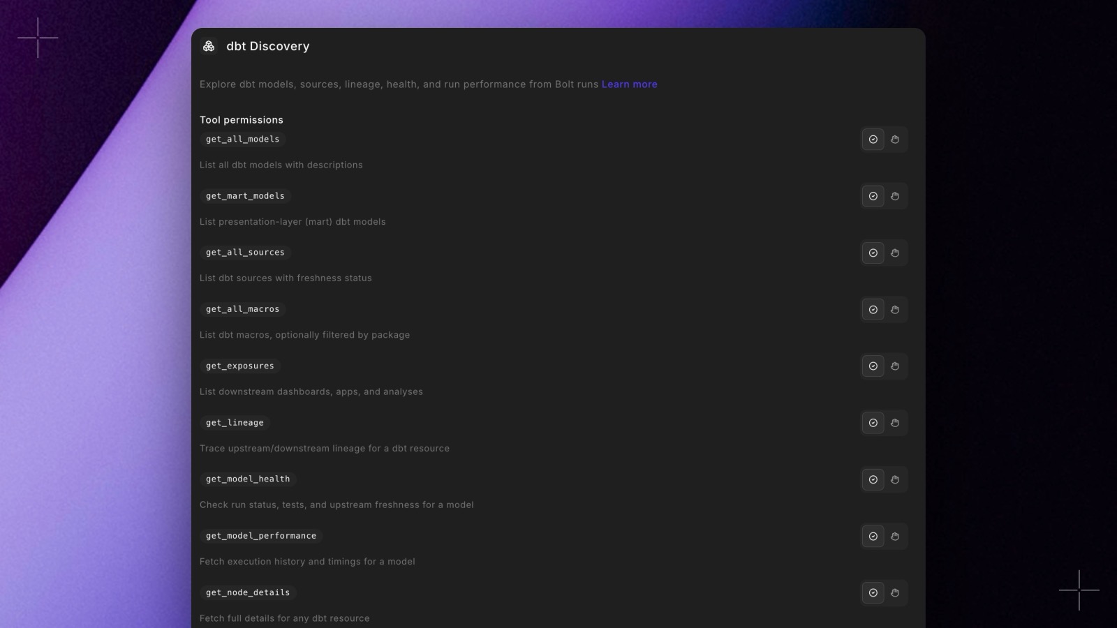 The dbt Discovery tool permissions panel listing the nine metadata tools