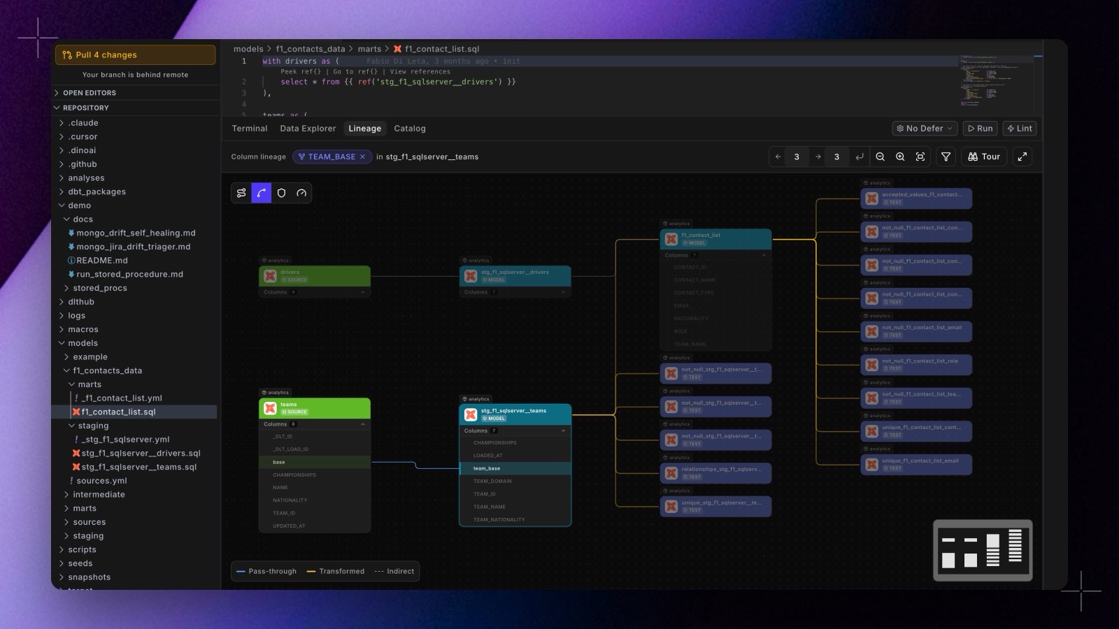 The Lineage tab in the Code IDE tracing the TEAM_BASE column from the teams source through stg_f1_sqlserver__teams, with the lens strip, depth controls, Tour button, edge legend, and minimap