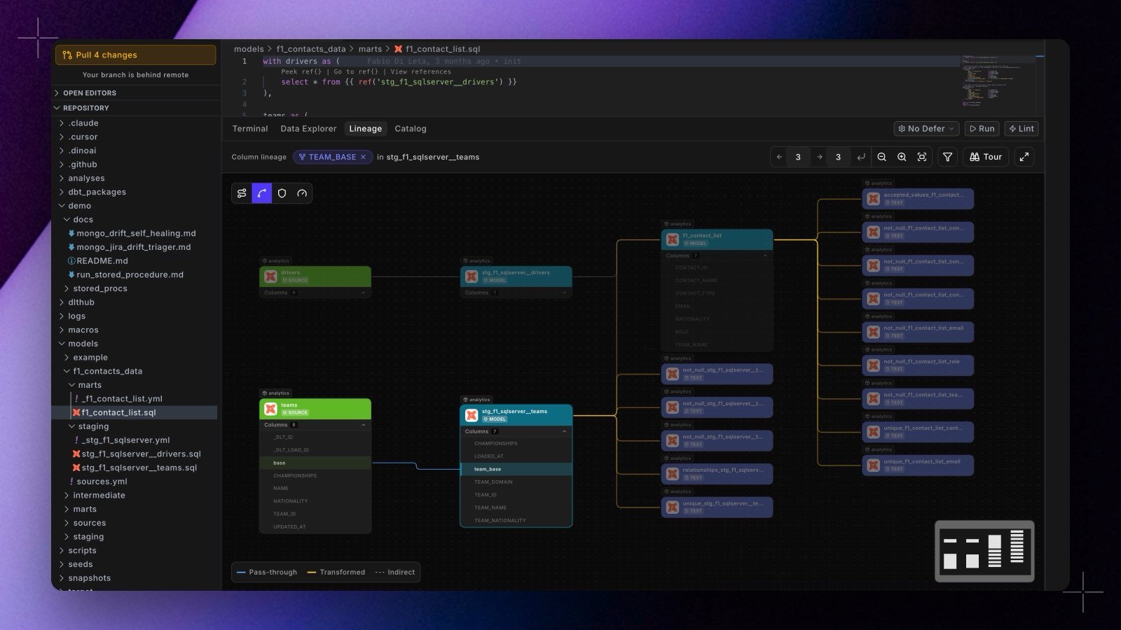 The Lineage tab in the Code IDE tracing the TEAM_BASE column from the teams source through stg_f1_sqlserver__teams, with the lens strip, depth controls, Tour button, edge legend, and minimap